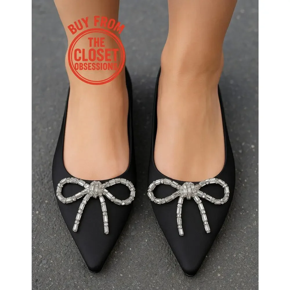 ZARA Rhinestone Bow Pointed Toe Ballet Flats NWT Black Size 7.5